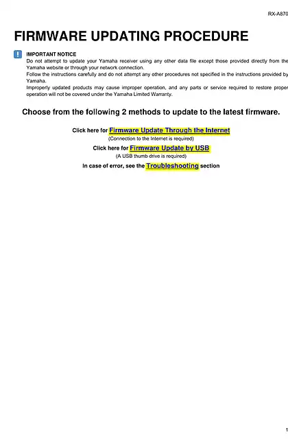 yamaha雅马哈RX-A870 firmware update installation manual
